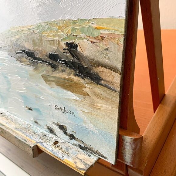 Gold Framed Original Oil Painting Coastal Seascape Blue Sky Water 14x17" Signed - Picture 7 of 10